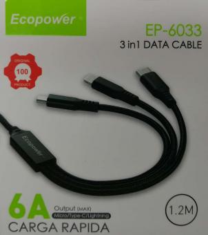 CABLE USB ECOPOWER EP-6033 3 EN 1 MICRO V8/TIPO C /IPHONE 1.2M